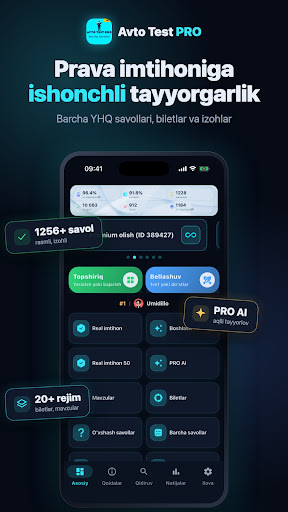 Avto Test PRO ilovasidagi mashq ekrani